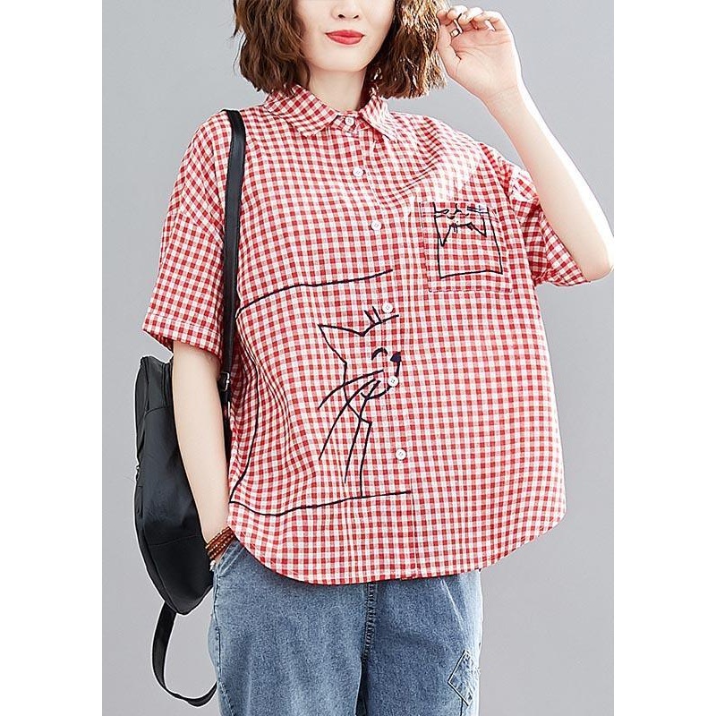 DIY Red Plaid Cat Printed Cotton Linen Blouses Summer