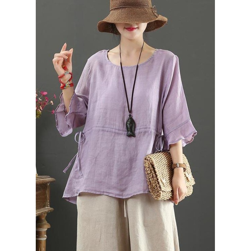 Drawstring Cotton Linen Flared Sleeve Summer Shirt