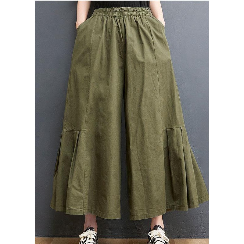Elegant Army Green Elastic Waist Wide Leg Pants Trousers Summer Cotton