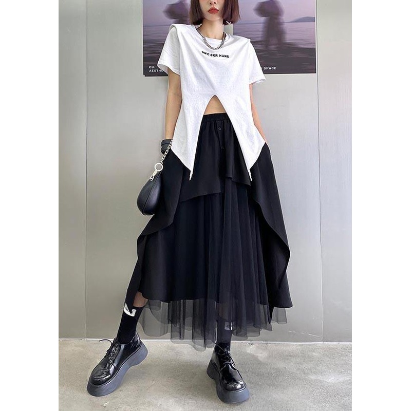 Elegant Black Button Patchwork tulle Skirt Summer
