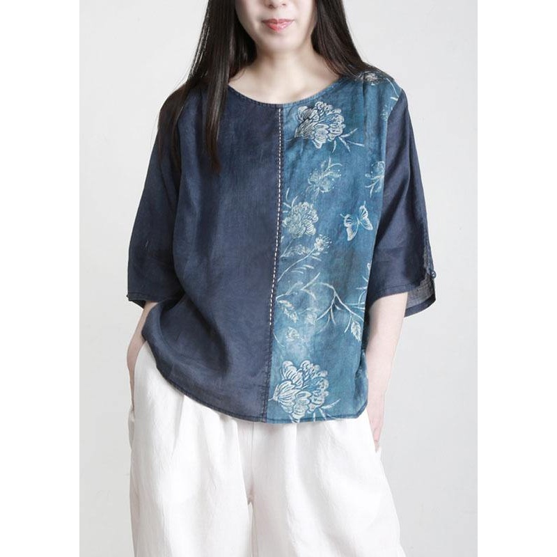 Elegant Blue Patchwork Print Linen Blouse Tops Half Sleeve