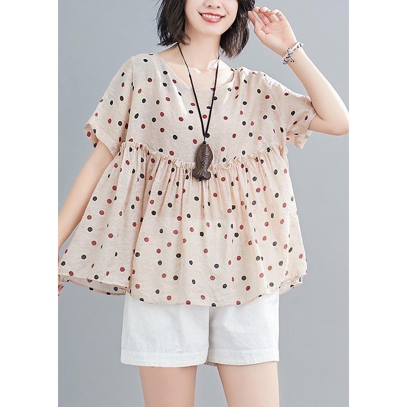 Fashion Beige Dot Cotton Linen Blouse Top Summer