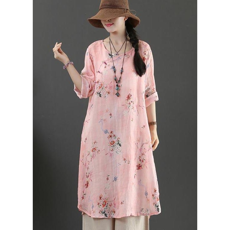 Fine Pink Print Pockets Long Linen Summer Blouse Tops