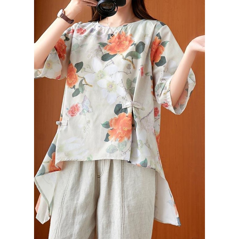 Fine Print low high design Oriental Linen Summer Blouse Top