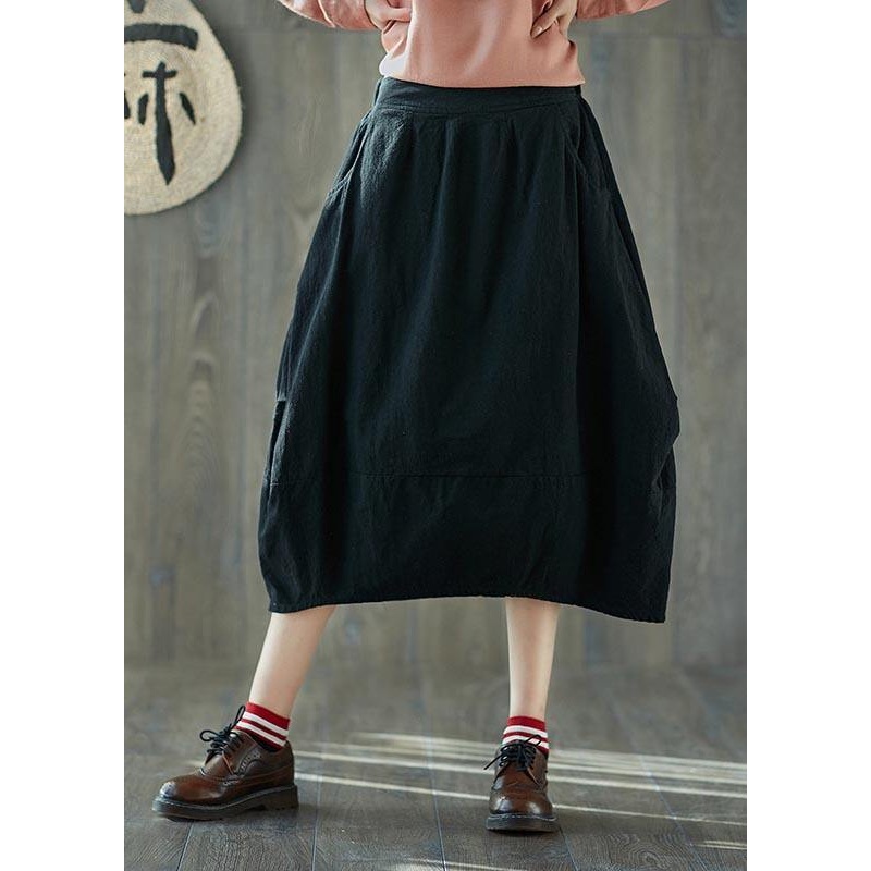 French Black Elastic Waist lantern Cotton Linen Skirt Summer