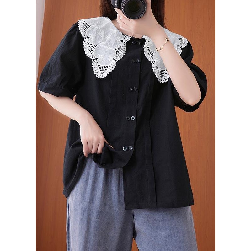 French Black Patchwork Lace Cotton Linen Shirt Top Summer