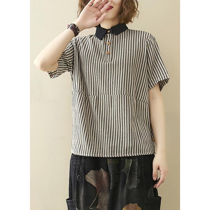 French Black Striped Turn-down Collar Linen Summer Top
