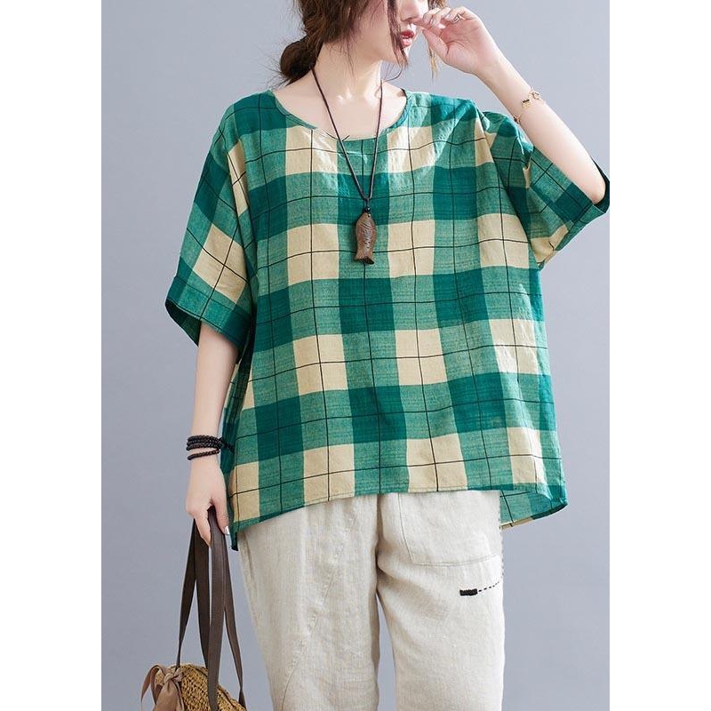 French Green Plaidlow high design Cotton Linen Summer Shirt Top