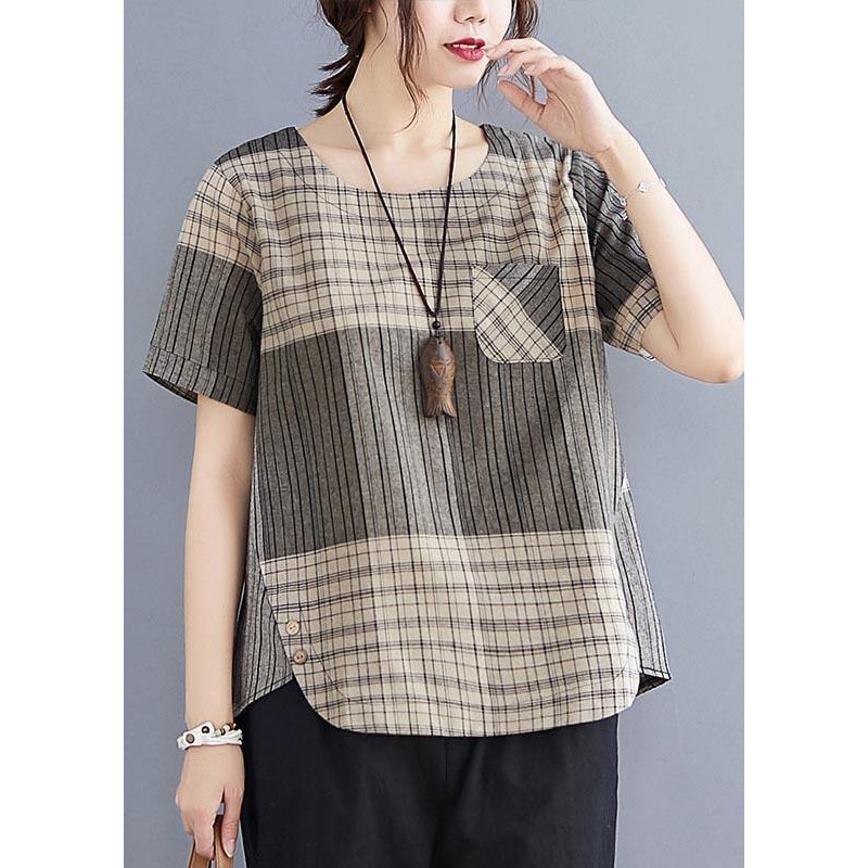 French Grey Plaid asymmetrical design Cotton Linen Blouse Top Summer