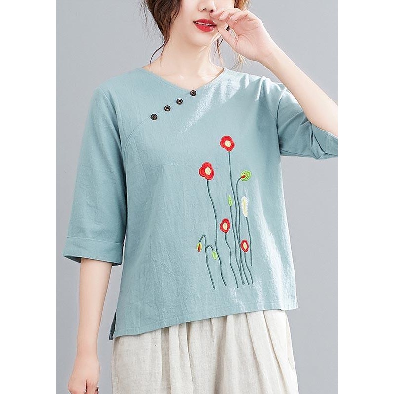 French Light Green Embroideried O-Neck Cotton Linen Top Summer