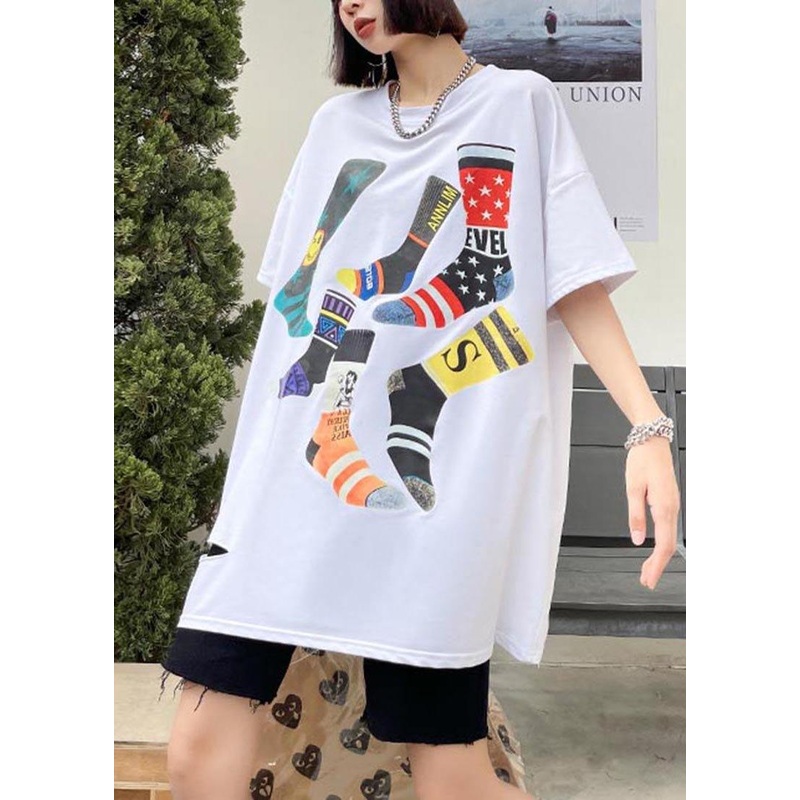 French White Print Loose long Summer Top