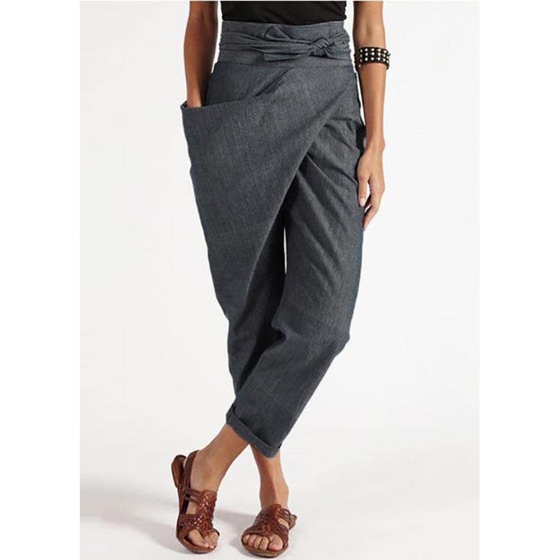 Handmade Grey asymmetrical design High Waist Cotton Harem Summer Pants