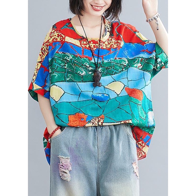 Italian Blue Print Batwing Sleeve Cotton Linen Shirt Top Summer