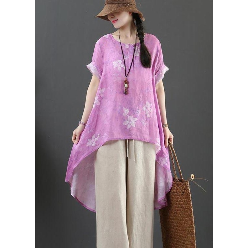 Italian Purple Print Linen Button Summer Shirt Top