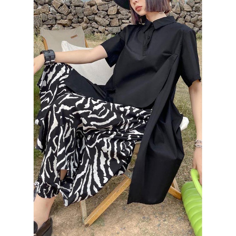 Loose Black Turn-down Collar low high design Blouse Top Summer