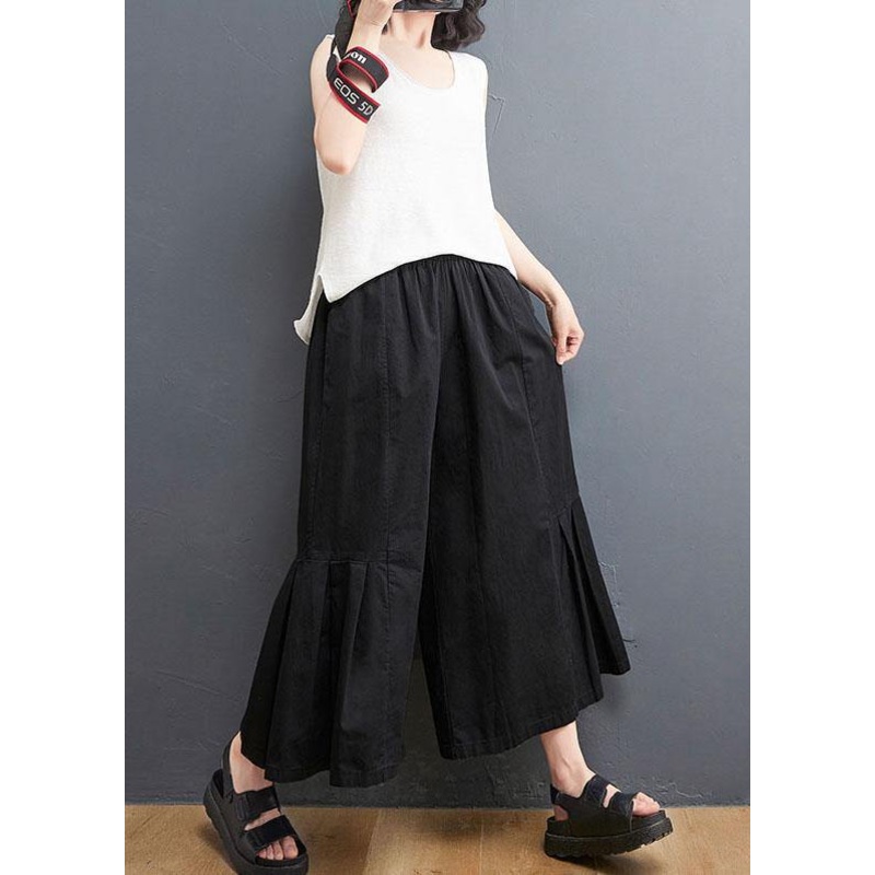 Modern Black Pockets Wide Leg Summer Cotton Pants