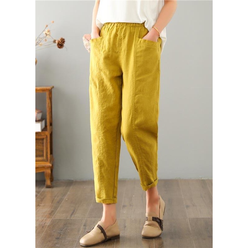 Natural Yellow Pockets Cotton Linen  Pants Summer
