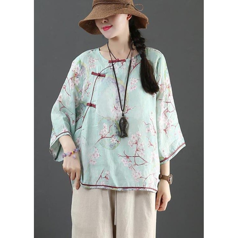 Organic Blue Print Linen Half Sleeve Top Summer