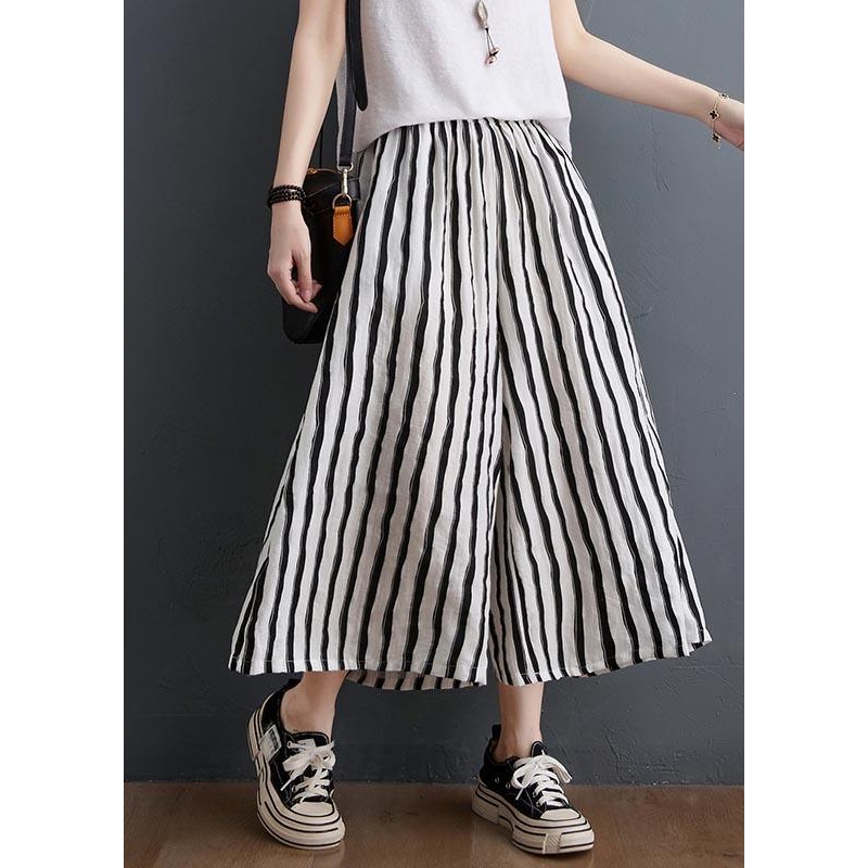 Plus Size Black White Striped Cotton Wide Leg Pants Summer