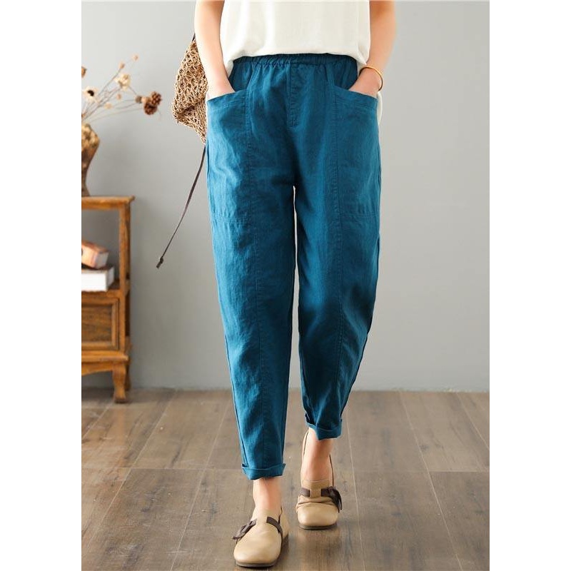 Plus Size Blue Harem Cotton Linen Summer Pants