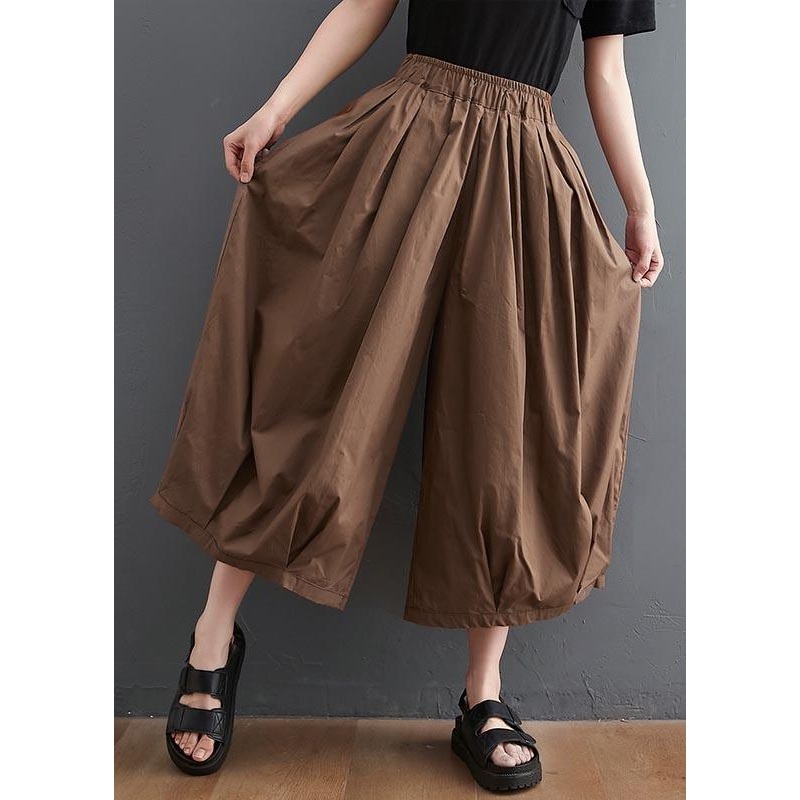 Plus Size Brown Pockets Wide Leg Pants Trousers Summer Cotton Linen