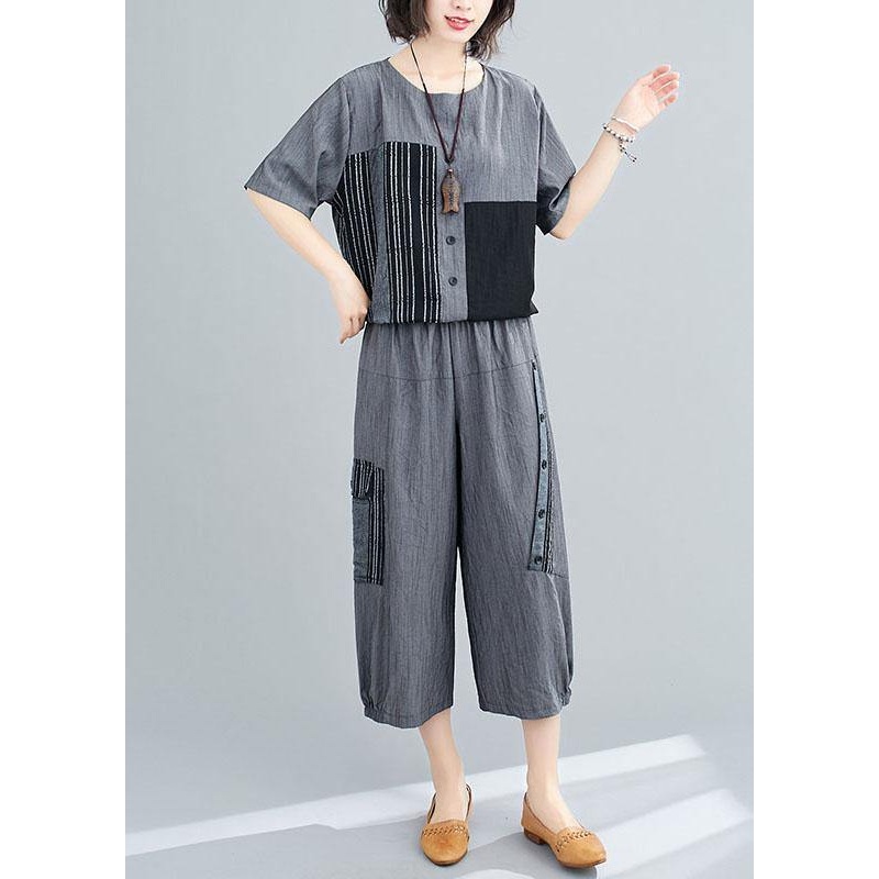 Plus Size Grey Patchwork Print Two Piece Set Women Clothing Summer Linen