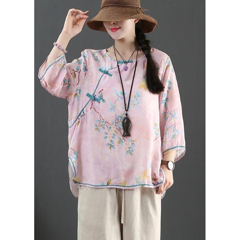 Plus Size Pink Print Linen Oriental Summer Shirts