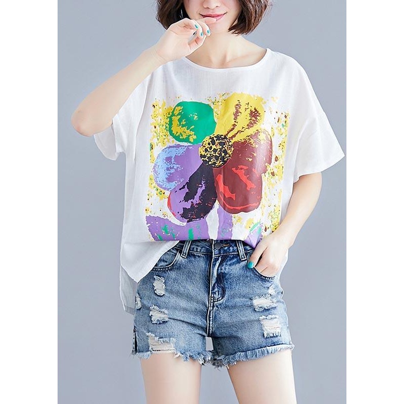 Plus Size White Floral Cotton Linen Summer Shirt Tops