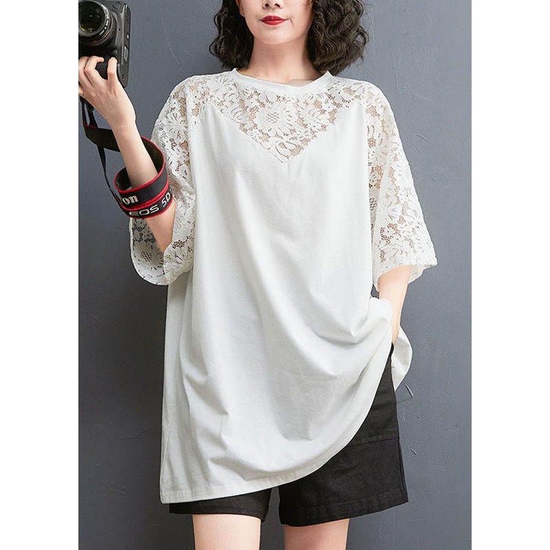 Plus Size White Patchwork Lace O-Neck Cotton Tee Summer