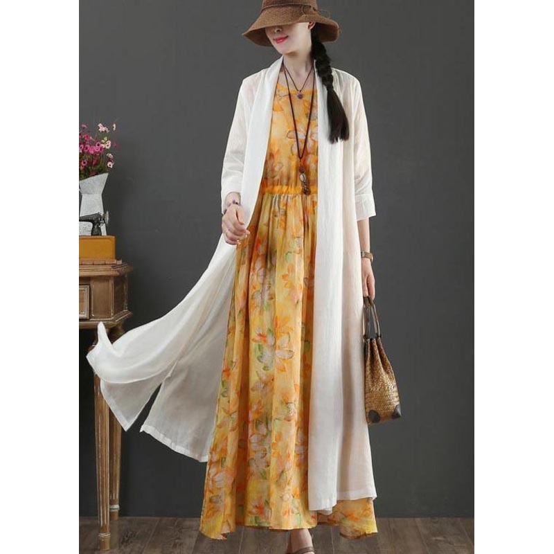 Plus Size White Summer Linen side open Loose Coat Long