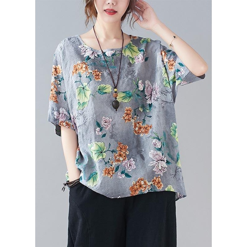 Plus Size Yellow Print Batwing Sleeve Cotton Linen Summer Top