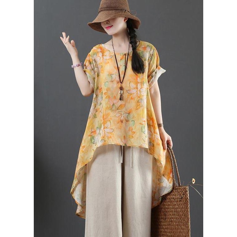 Plus Size Yellow Print Linen low high design Shirt Summer