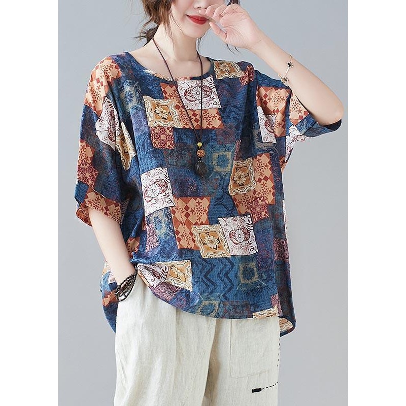 Simple Blue Print Loose Cotton Linen Shirt Tops Summer