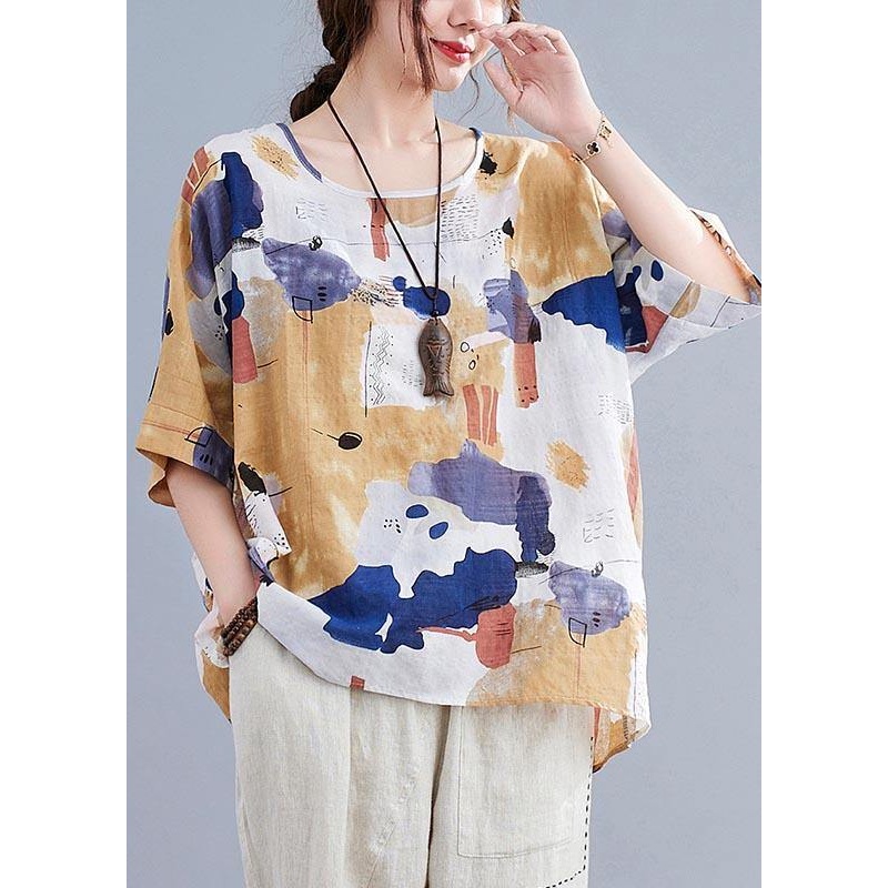 Simple Yellow Print Cotton Linen Shirt Top Summer