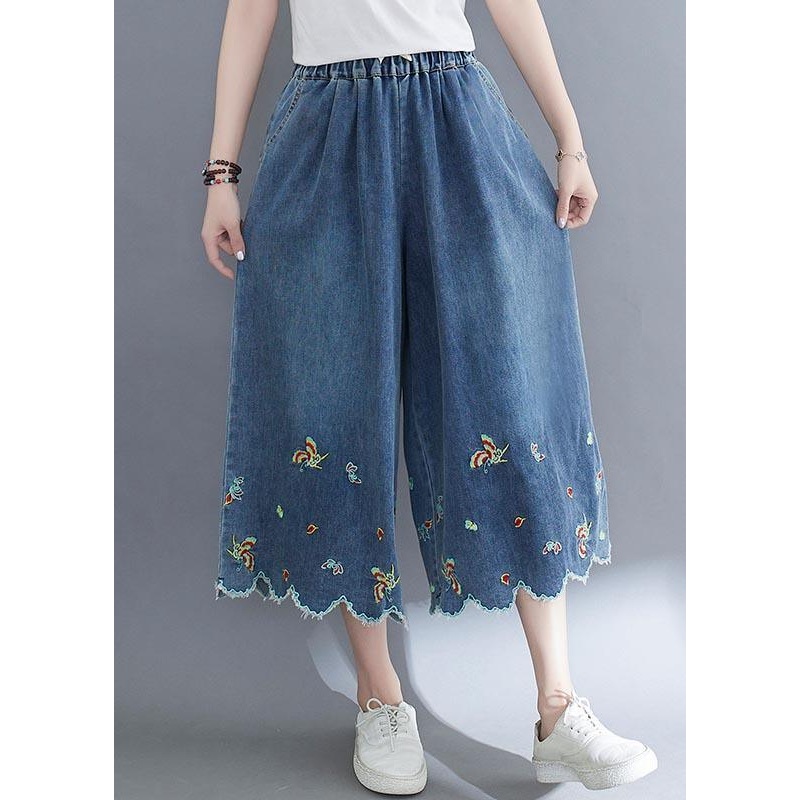Style Blue Embroidered Crop Wide Leg Summer Pants