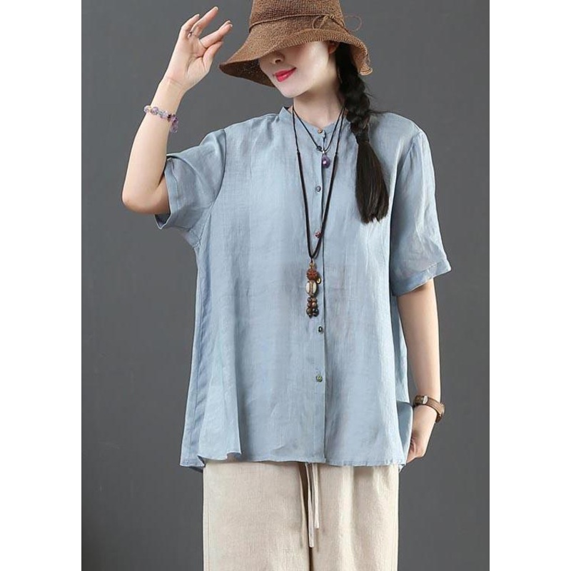 Style Blue Half Sleeve Linen Shirt Tops Summer