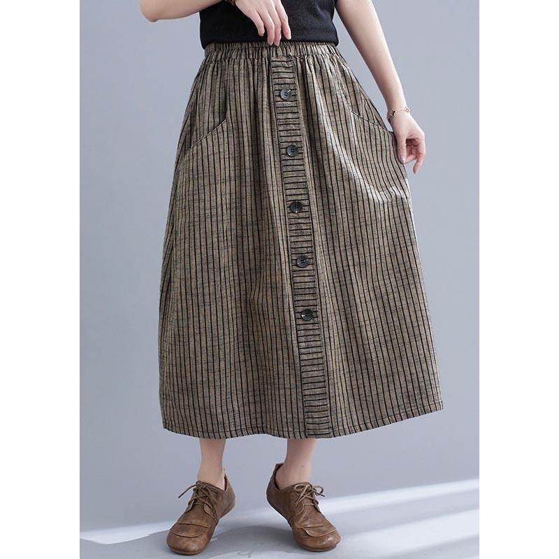 Style Brown StripedButton CottonLinen Skirts Summer