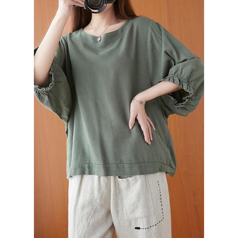Style Green lantern sleeve Cotton Blouse Top Summer