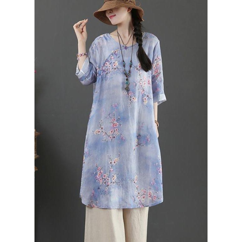 Style Purple Print Oriental Long Linen Shirt Top Summer