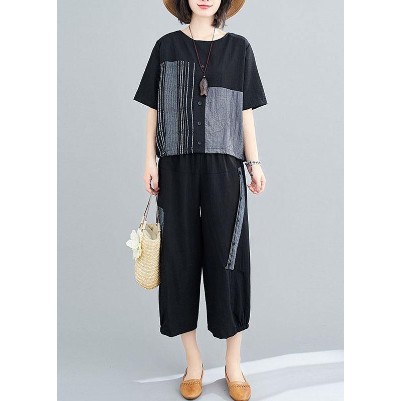 Unique Black asymmetrical design Linen Button Summer Two Pieces Set