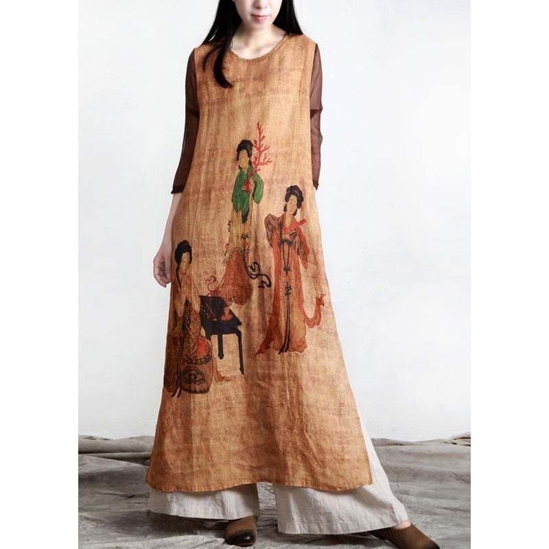 Unique Print O-Neck Linen side open Summer Party Dress