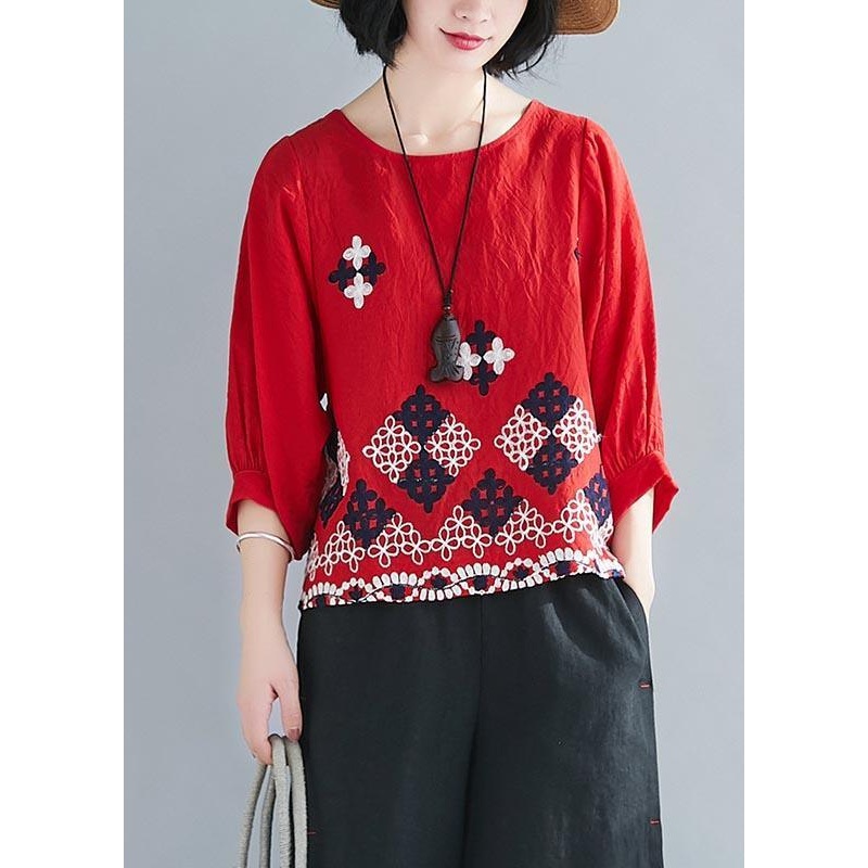 Unique Red Embroideried O-Neck Cotton Linen Summer Tops
