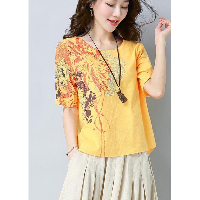 Unique Yellow Print Cotton Linen O-Neck Summer Top