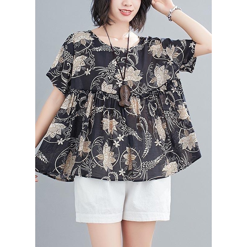 Vintage Black Print Half Sleeve Cotton Linen Tops Summer