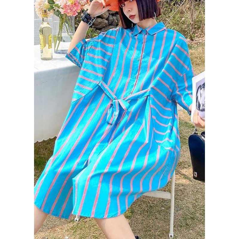Vintage Blue Striped tie waist Summer Maxi Dresses