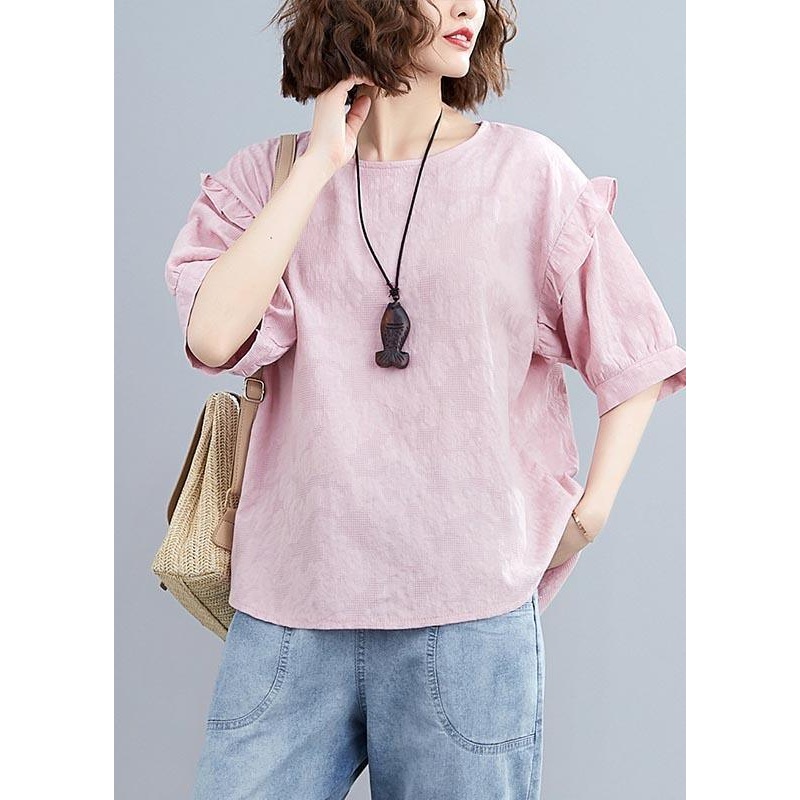 Vintage Pink Ruffles Cotton Linen Shirt Summer