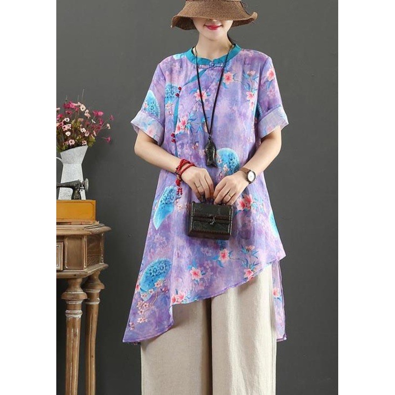 Vintage Purple Print Linen asymmetrical design Shirt Summer
