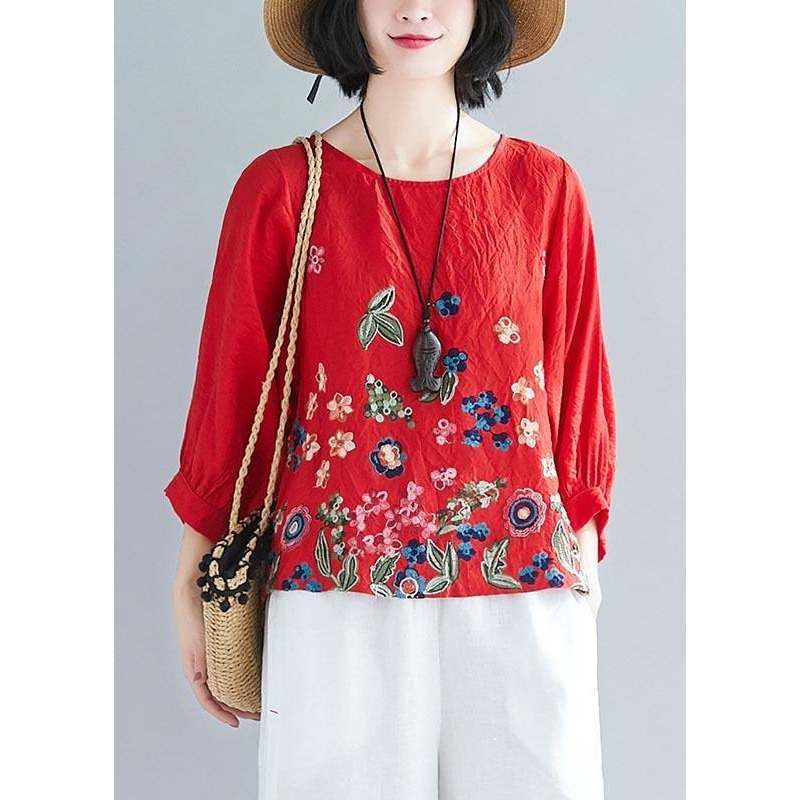Vintage Red Printlow high design Cotton Linen Blouse Tops Summer