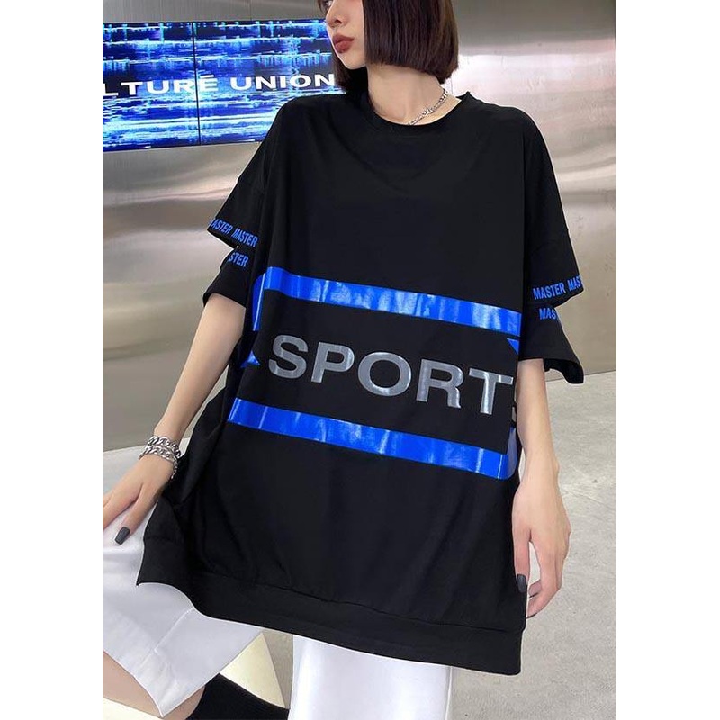 Women Black Graphic O-Neck Half Sleeve Summer Top