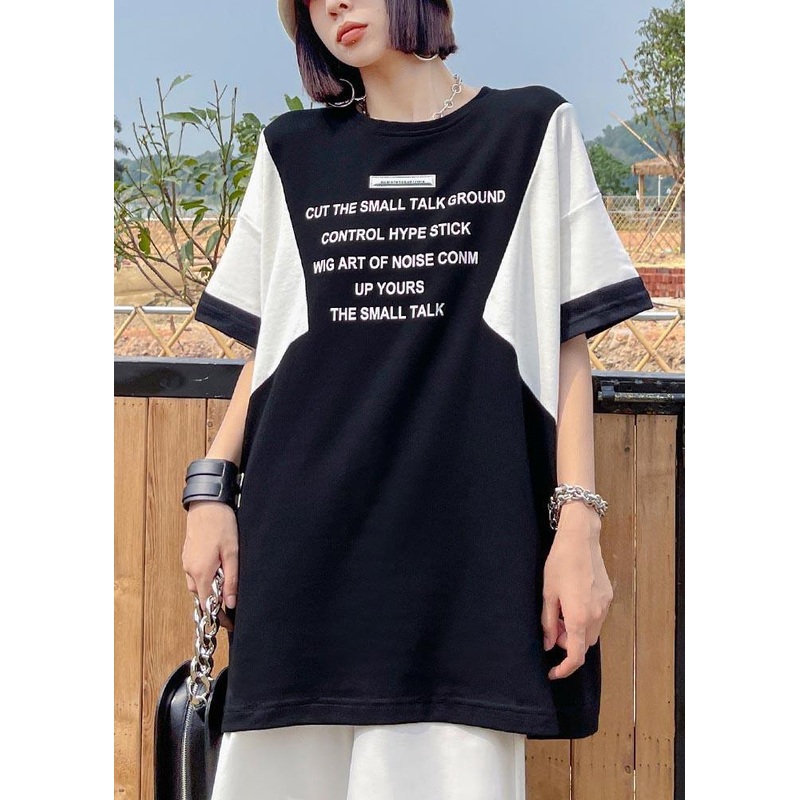 Women Black Graphic Patchwork Loose Blouse Tops Summer